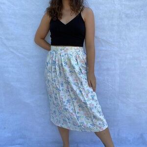 Floral Midi Skirt in White with Pastel Blooms